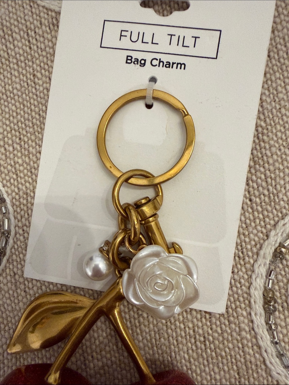 Full Tilt Gold-Tone Cherry Keychain with Red Glitter Cherries and White Rose - Picture 3 of 6